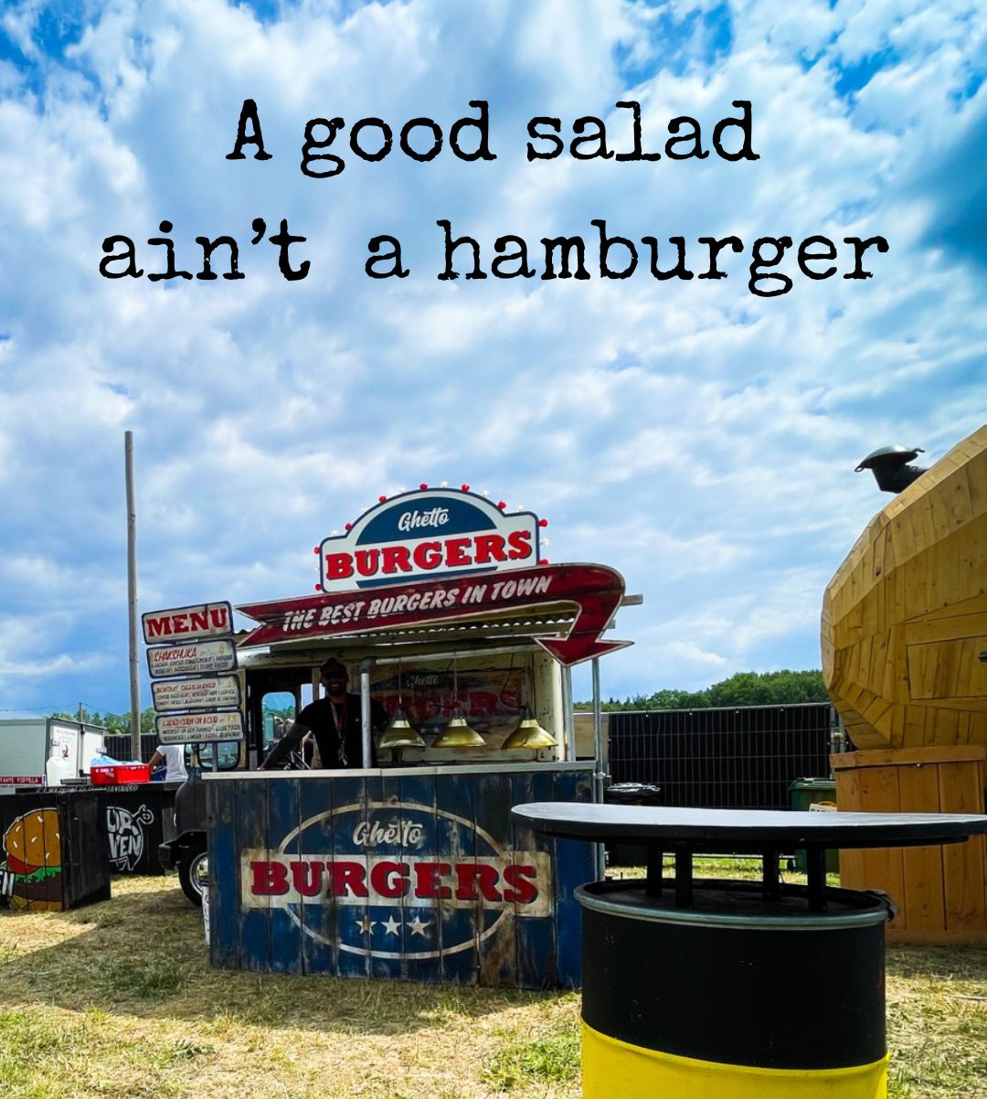 Ghetto Burgers illustratie met burger en salade.